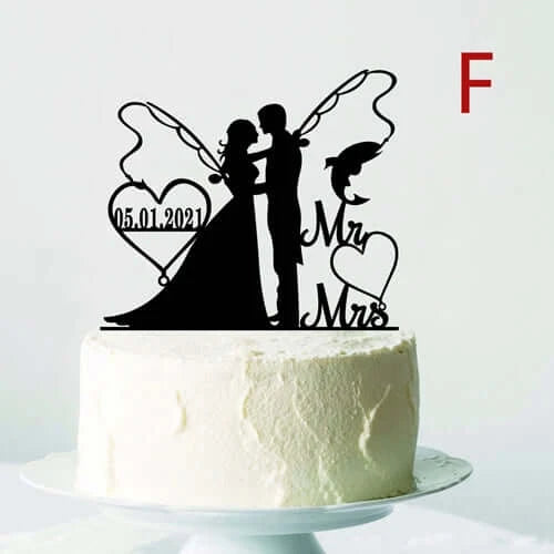 Personalized Fishing Wedding Cake Topper Mr. and Mrs. Wooden Acrylic