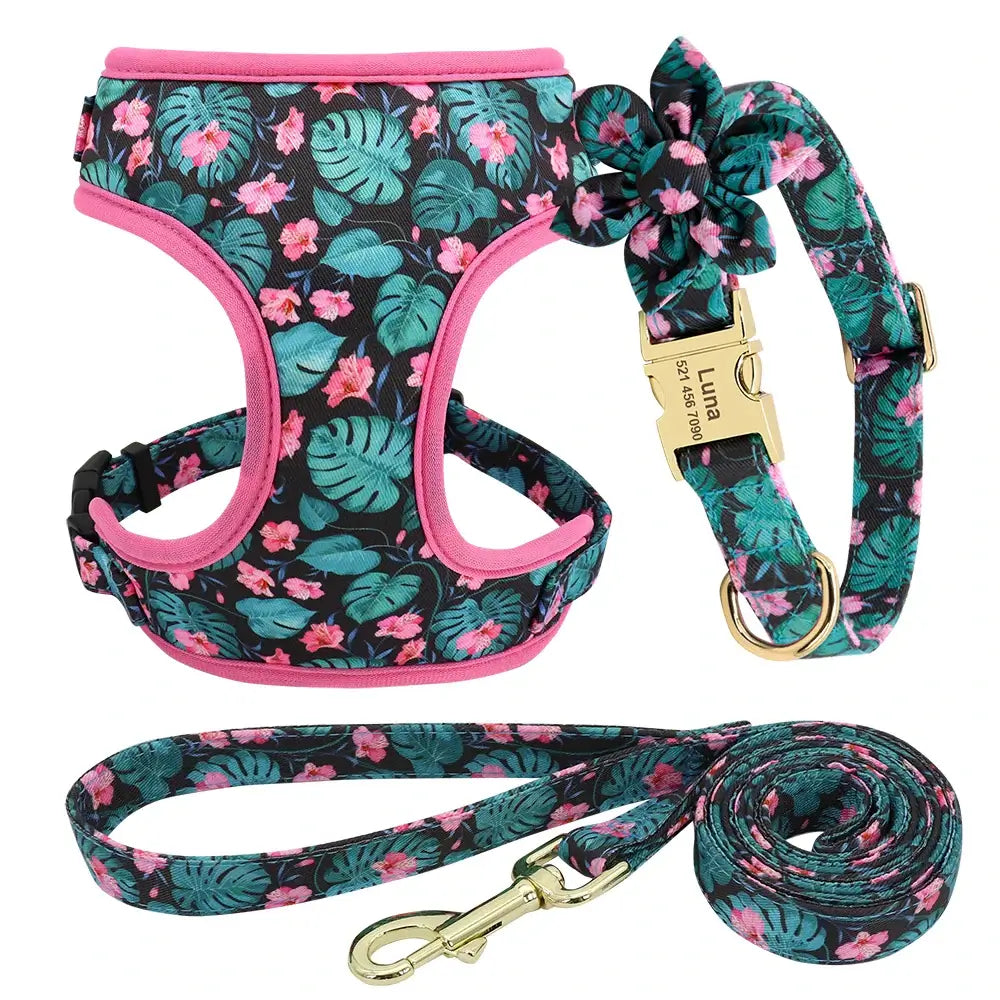 Personalized Floral Dog Collar Leash Harness Set