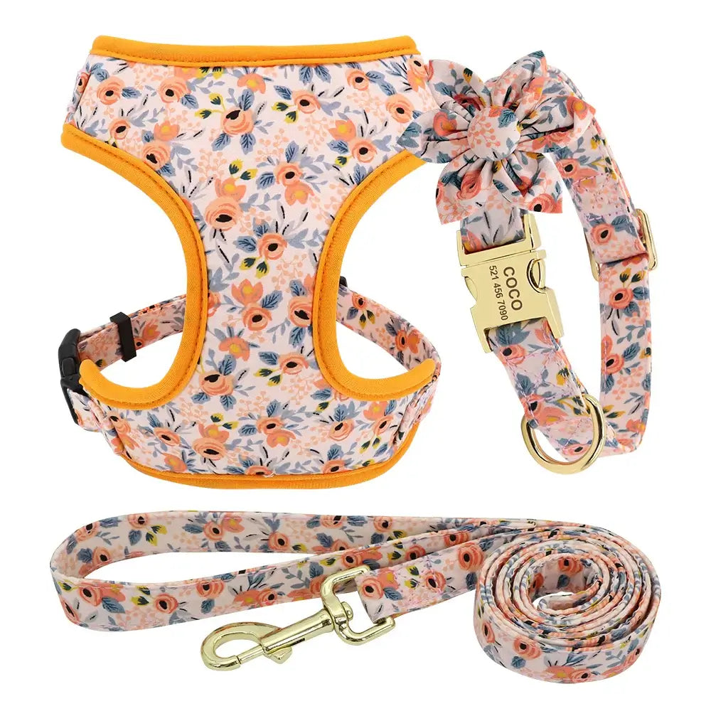 Personalized Floral Dog Collar Leash Harness Set