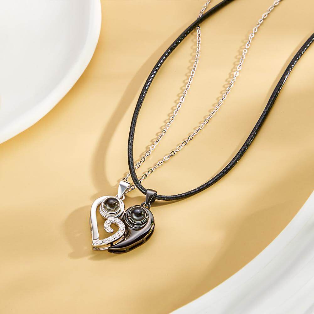 Custom Sterling Silver Heart Shaped Projection Necklace for Couples