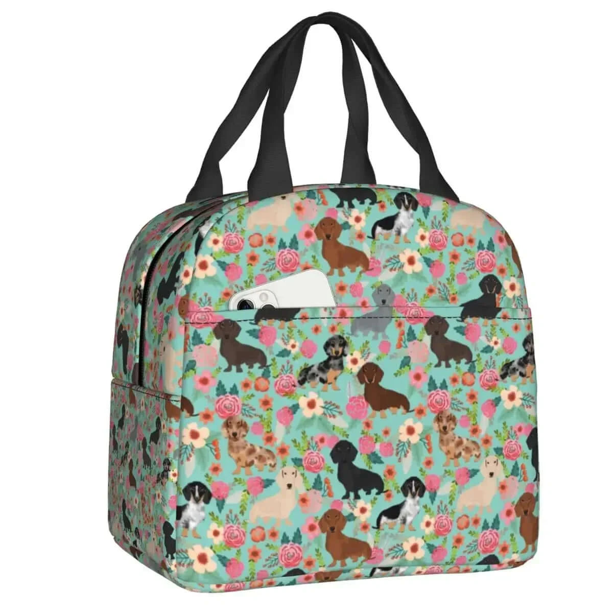 Dachshund Floral Dog Pattern Insulated Lunch Bag 