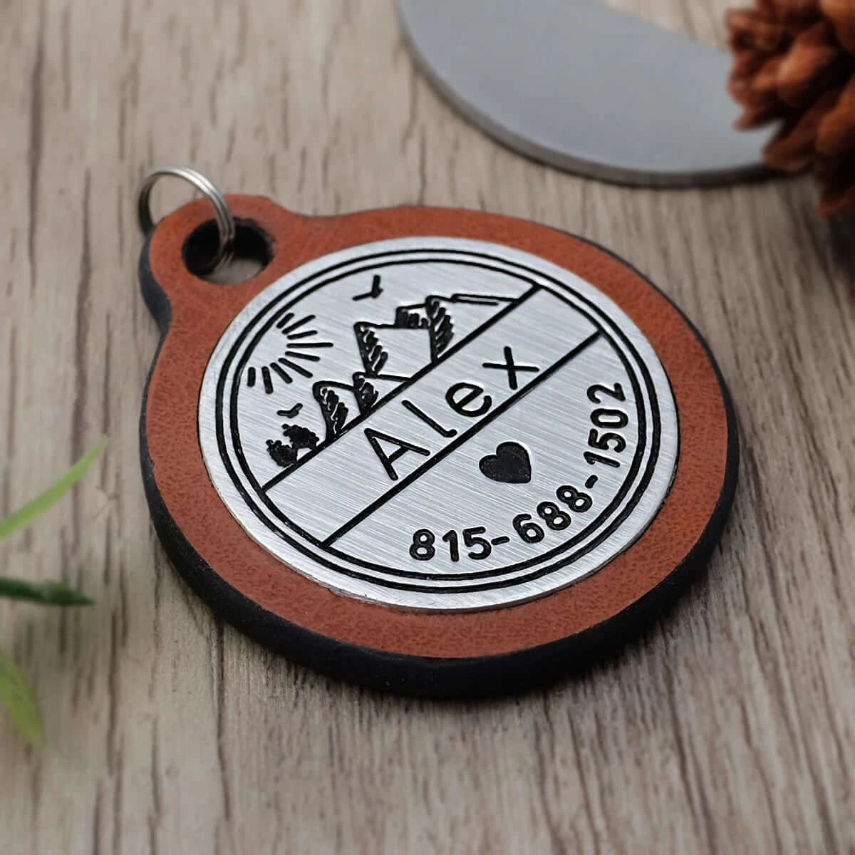 Custom Engraved Mountain Scene Leather or Wood Dog Tag