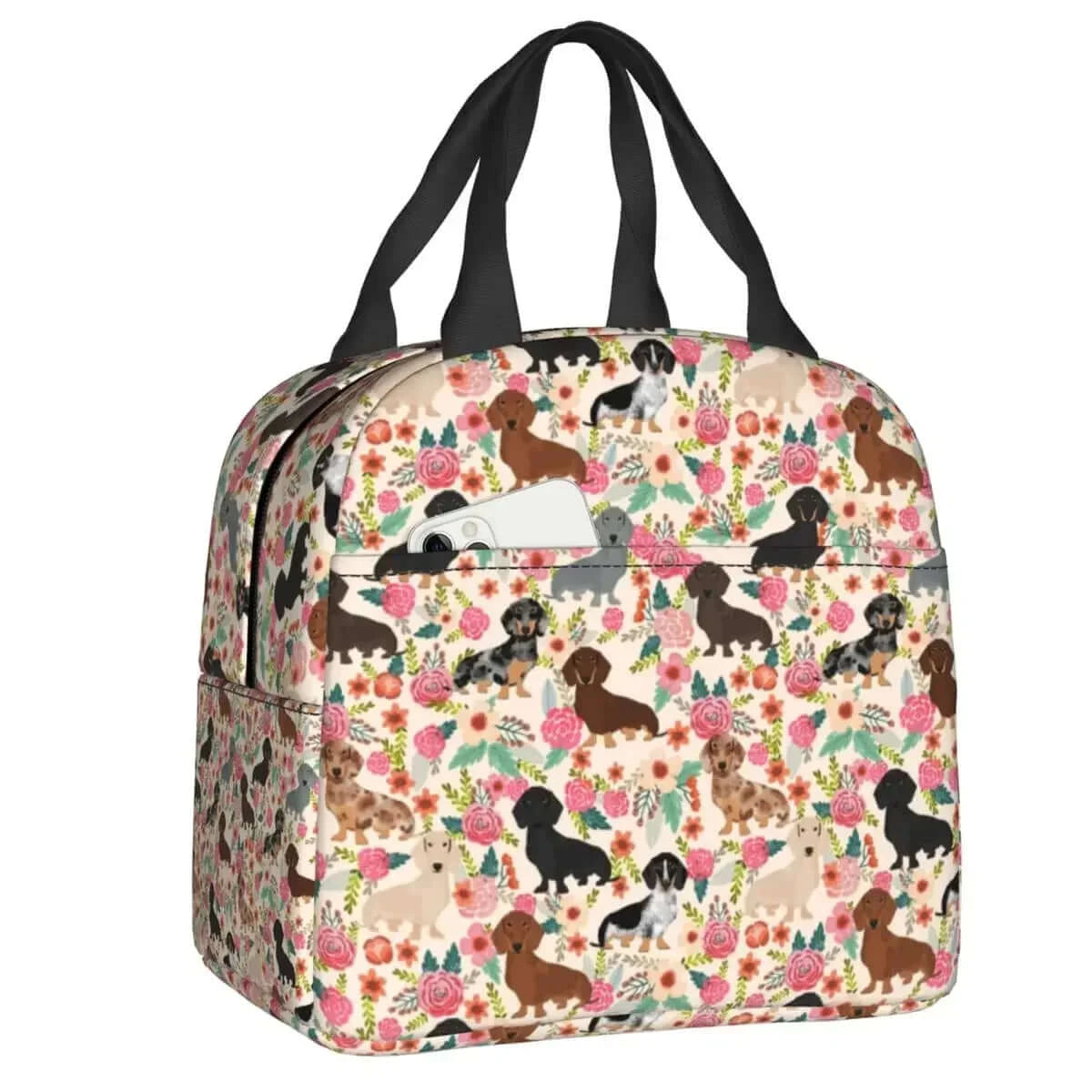 Dachshund Floral Dog Pattern Insulated Lunch Bag 