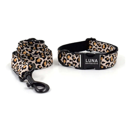 Personalized Leopard Cheetah Print Dog Collar & Leash
