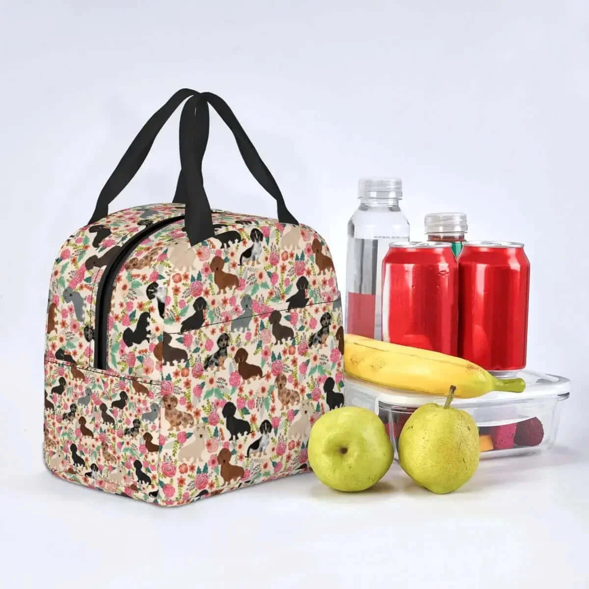 Dachshund Floral Dog Pattern Insulated Lunch Bag 