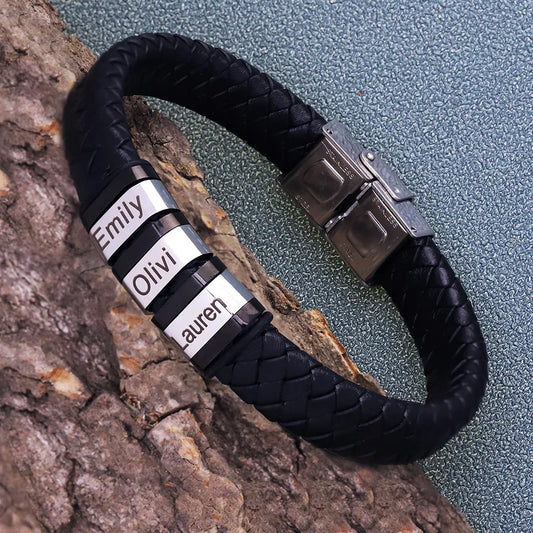 Men's Personalized Stainless Steel Bead Name Braided Leather Bracelet