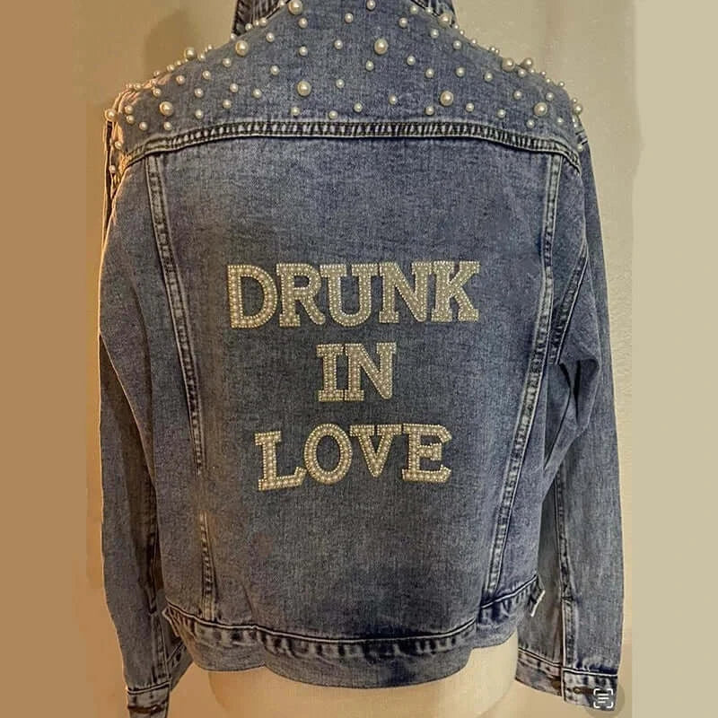 Women's "Drunk in Love" Pearl Embellished Denim Jacket-For Bride