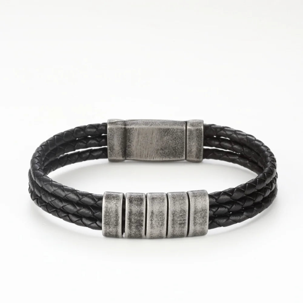 Men's Personalized Braided Leather Retro Stainless Steel Name Bead Bracelet