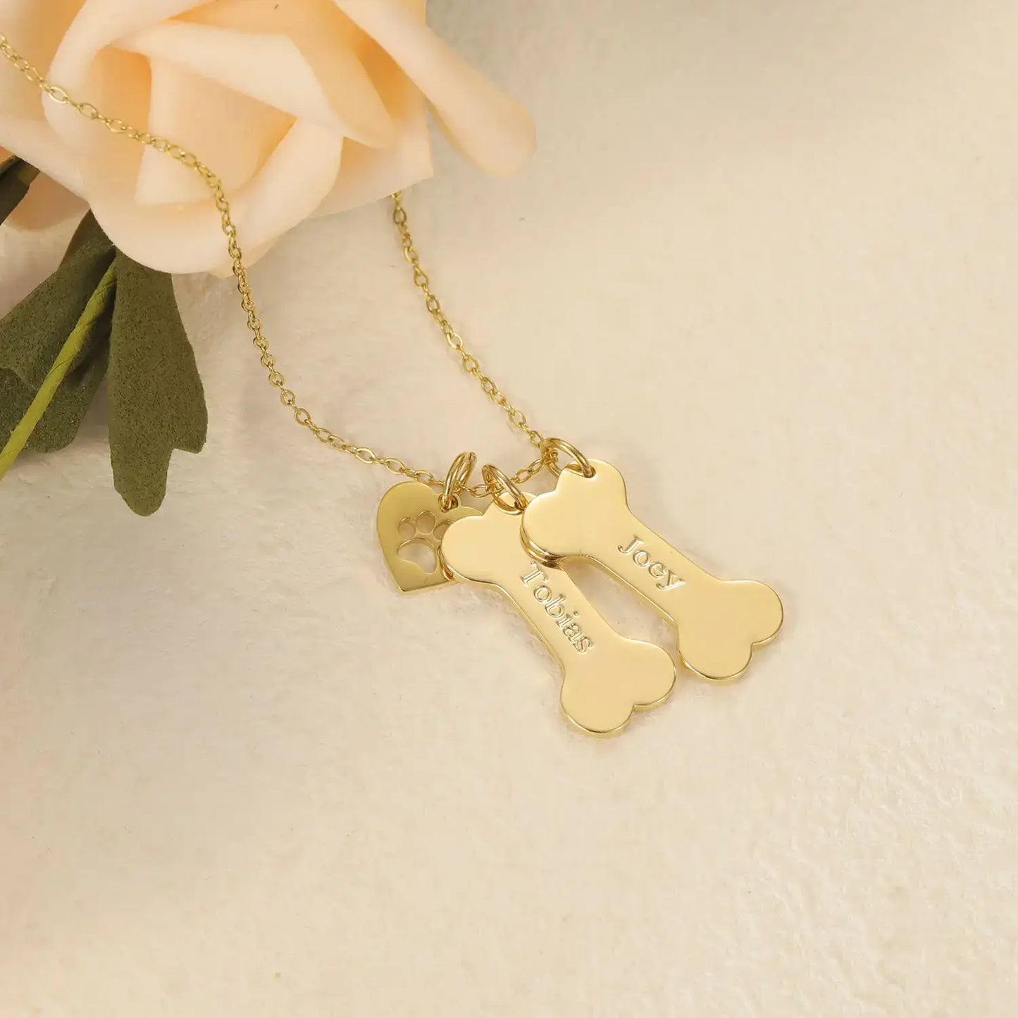 Personalized Stainless Steel Dog Name Bone and Paws Necklace