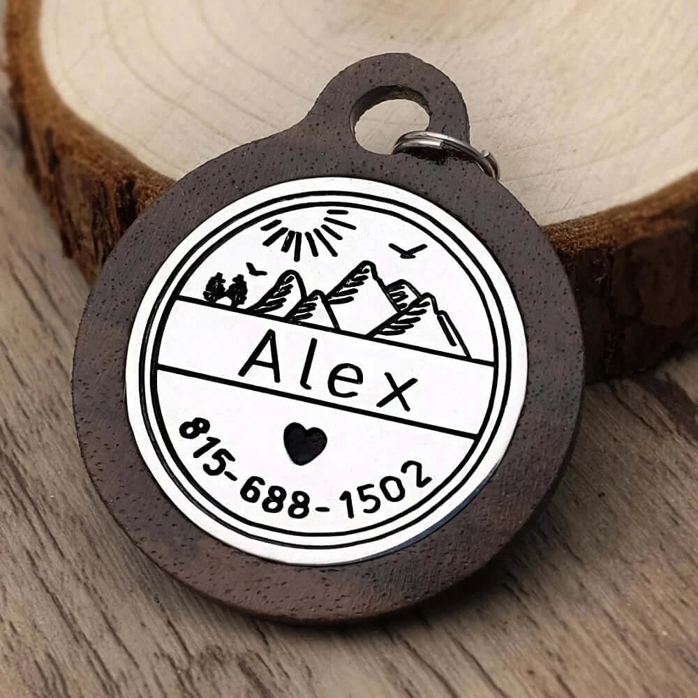 Custom Engraved Mountain Scene Leather or Wood Dog Tag