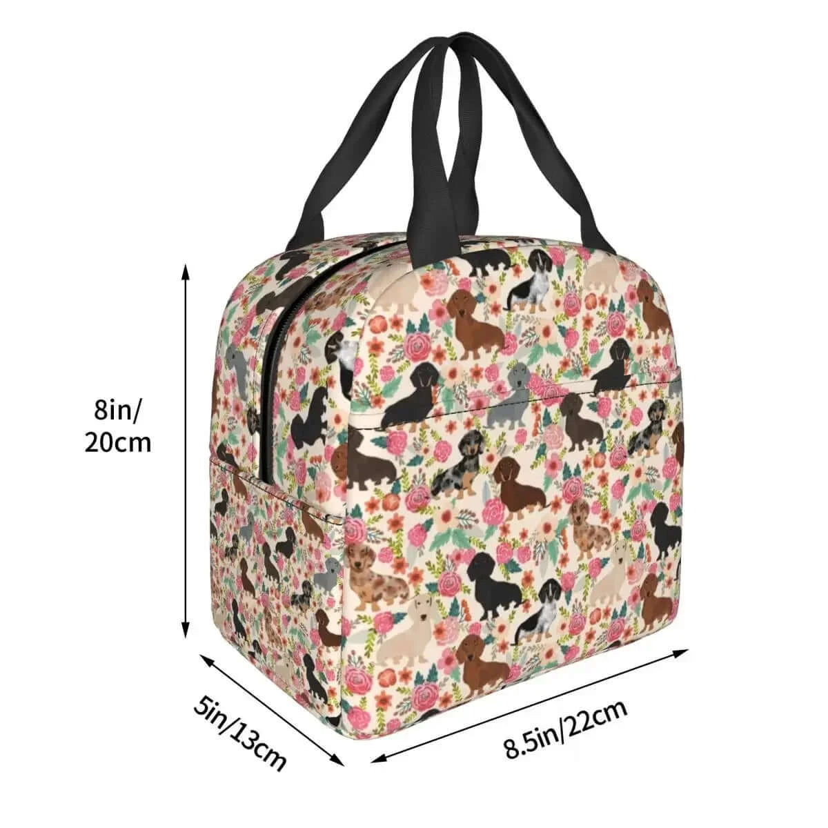 Dachshund Floral Dog Pattern Insulated Lunch Bag 