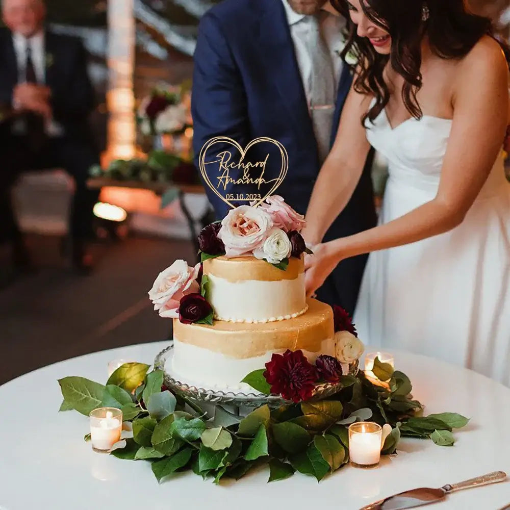 Personalized Custom Wedding Cake Topper with a Heart and Date