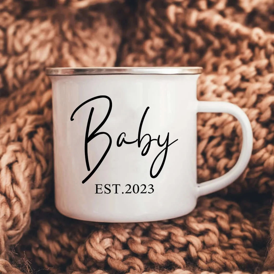 Birth Announcement Mom Dad Est 2023 Enamel Mugs