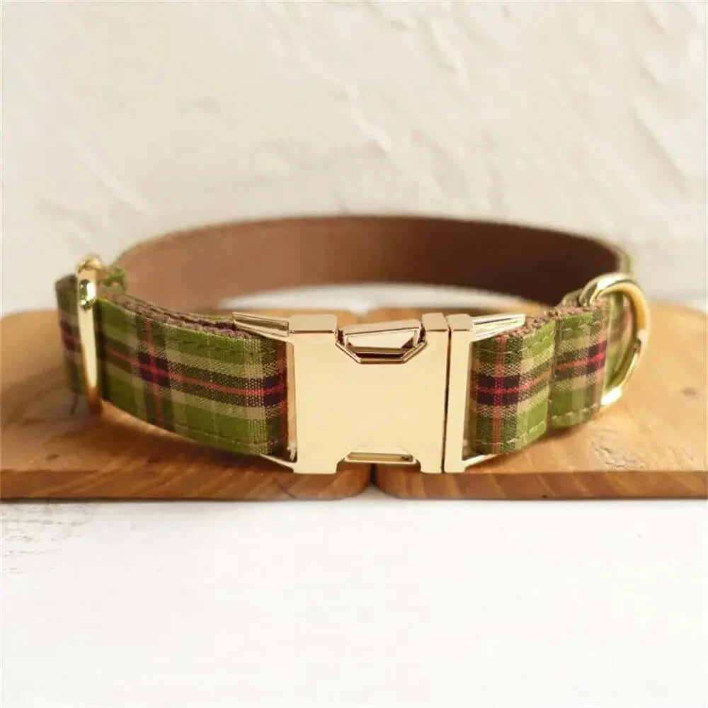 Personalized ID Tag Green & Brown Plaid Pet Collar & Leash