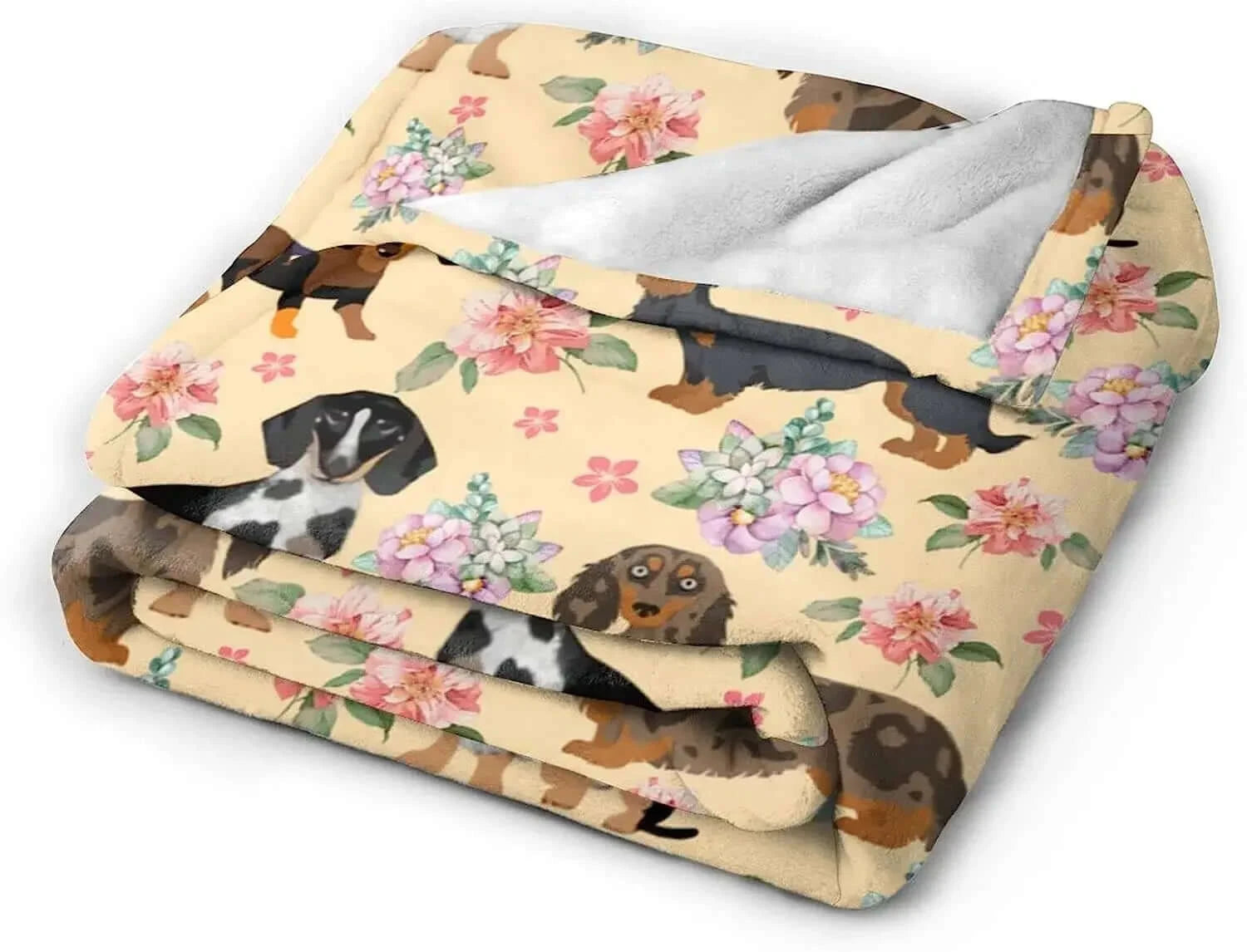 Dachshund Sausage Dogs Floral Flannel Throw Blanket