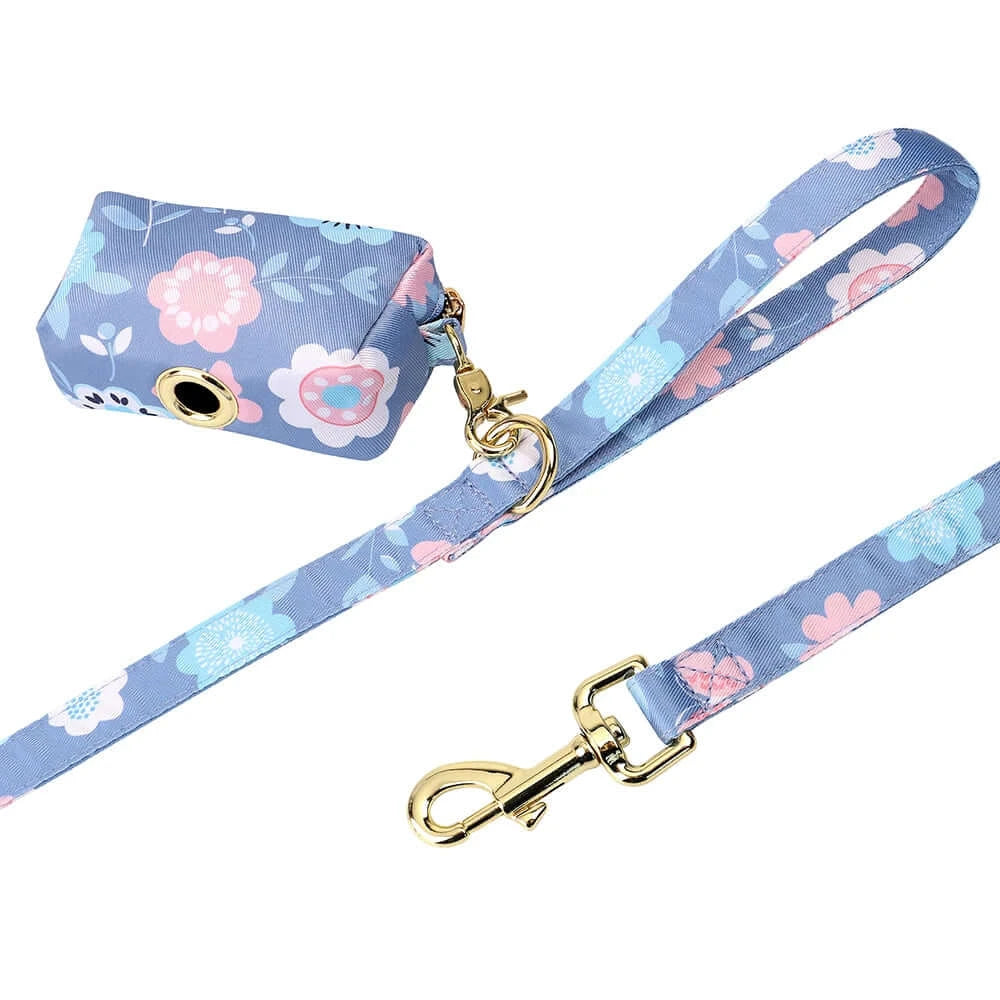 Personalized Pink or Blue Floral Daisy 4pc Dog Collar Harness Leash Set