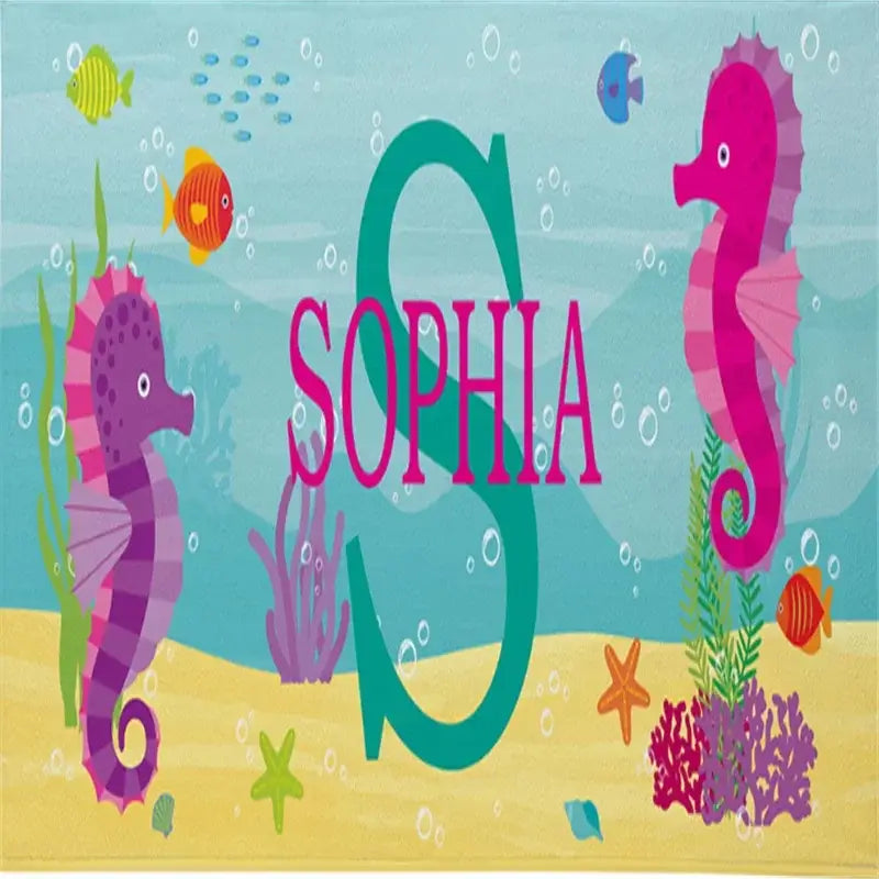 Kid's Personalized Name Children's Octopus, Seahorse, Crab, Beach Towel
