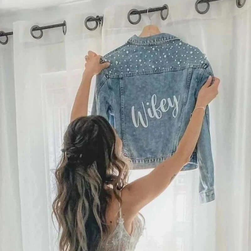 Women's Wifey Pearl Embellished Jean Denim Jacket