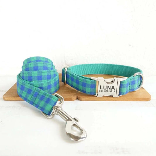 Personalized ID Tag Blue & Green Plaid Pet Collar & Leash