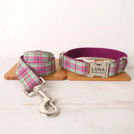 Personalized ID Tag Pink & Green Plaid Dog Collar & Leash