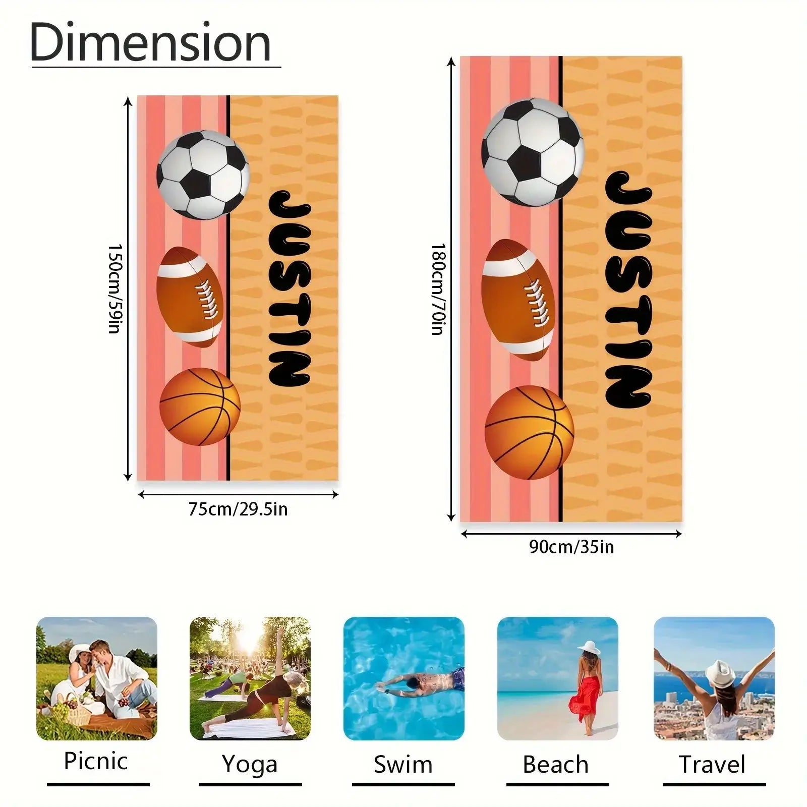 Personalized Name Sports Beach Towel Football Soccer Basketball