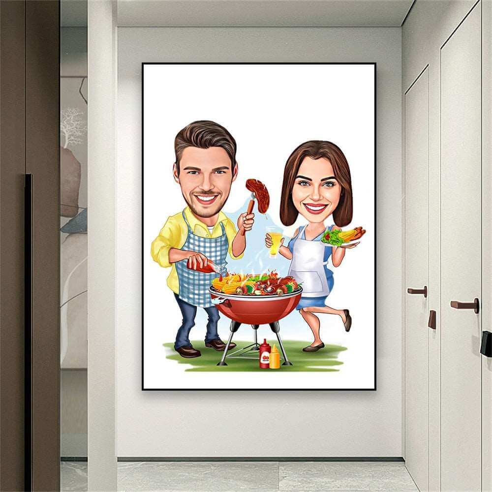 Custom Caricature Portrait Poster Cook Couple Prints Personalized BBQ Lover Wall Art