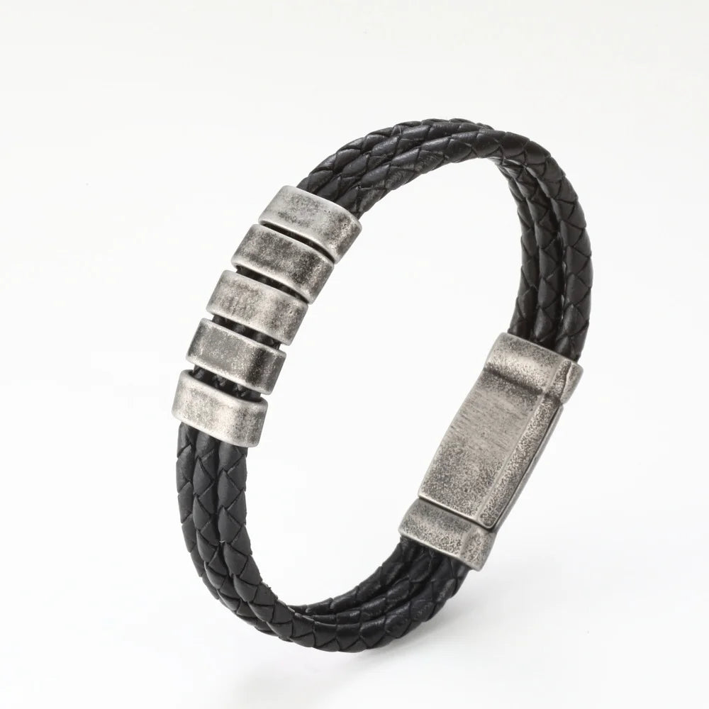 Men's Personalized Braided Leather Retro Stainless Steel Name Bead Bracelet