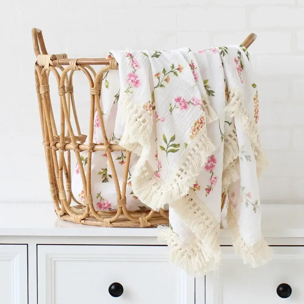 Personalized Embroidered Cotton Muslin Tassel Baby Swaddle Blanket