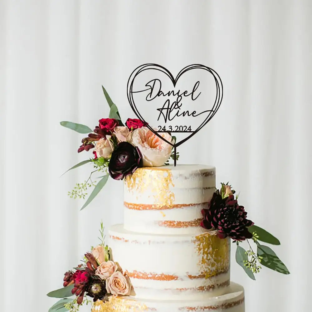 Personalized Custom Wedding Cake Topper with a Heart and Date