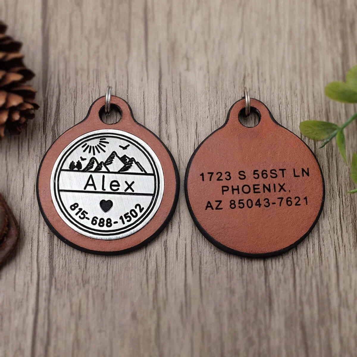 Custom Engraved Mountain Scene Leather or Wood Dog Tag