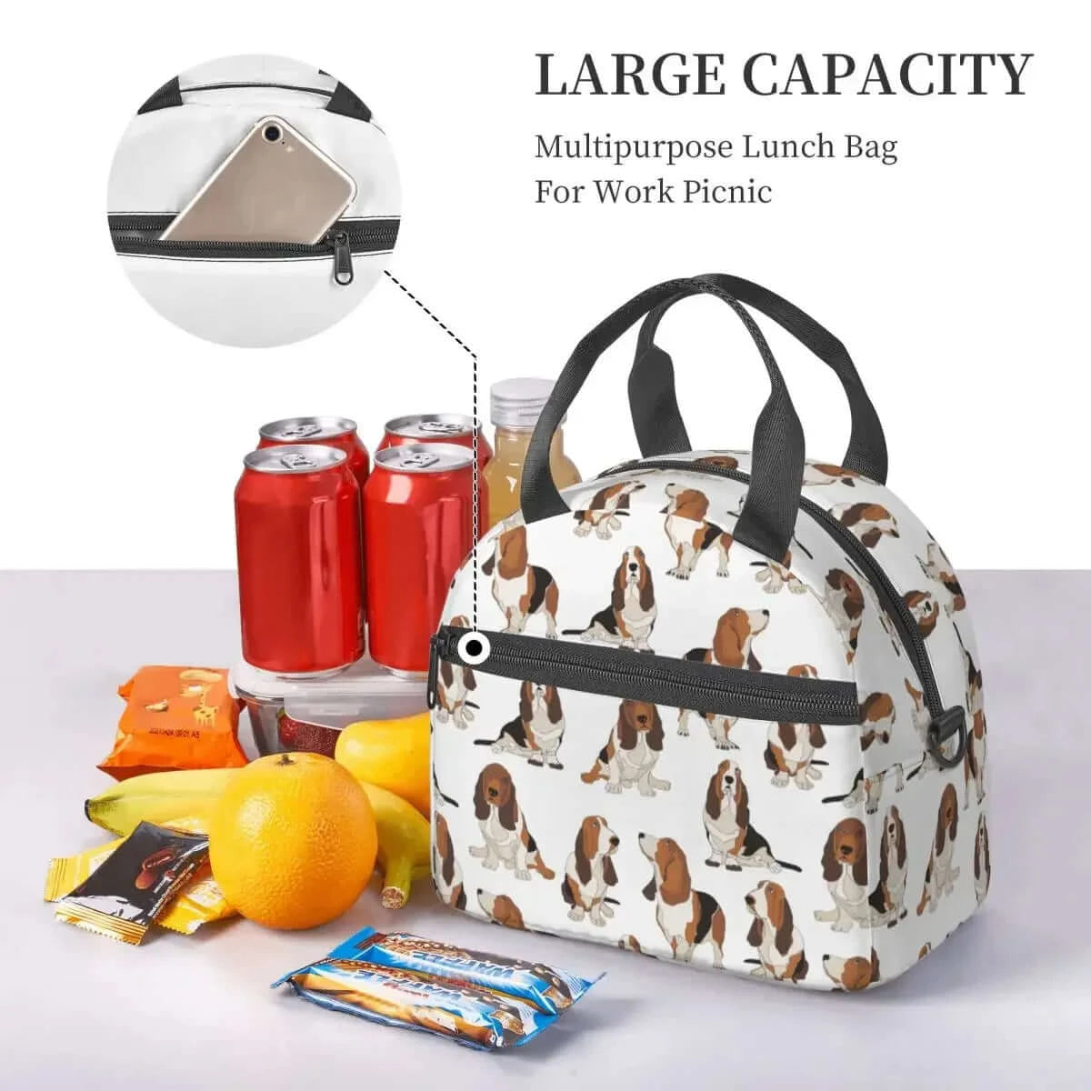 Large Insulated Basset Hound Lunch Bag With Adjustable Shoulder Strap