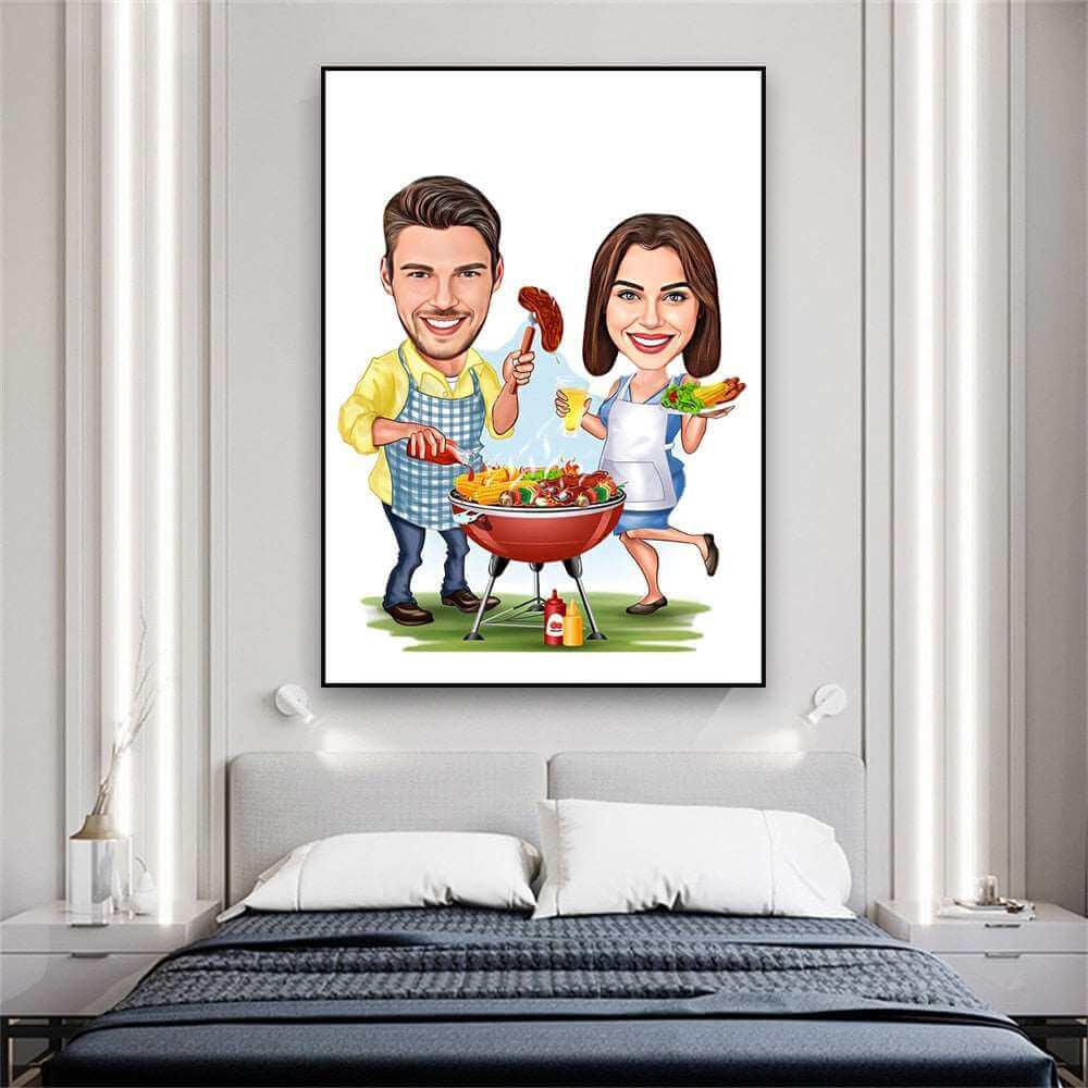 Custom Caricature Portrait Poster Cook Couple Prints Personalized BBQ Lover Wall Art