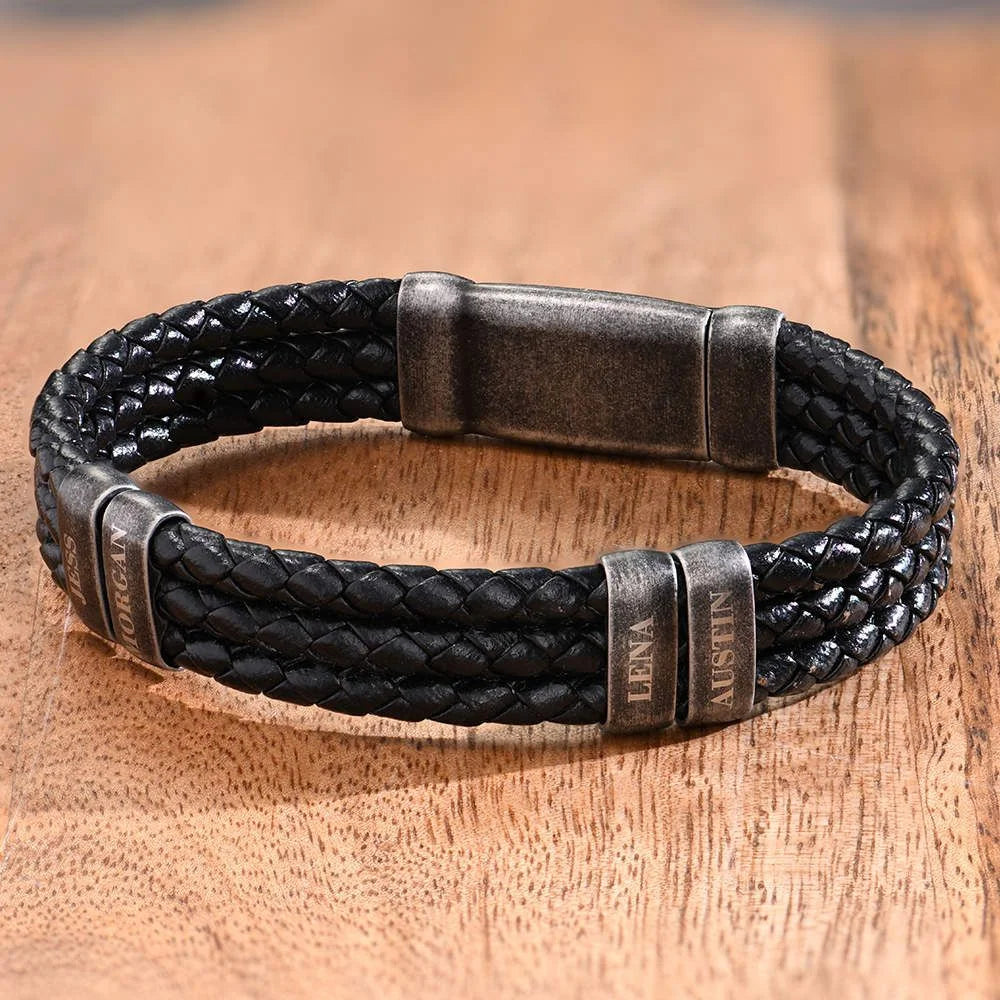 Men's Personalized Braided Leather Retro Stainless Steel Name Bead Bracelet