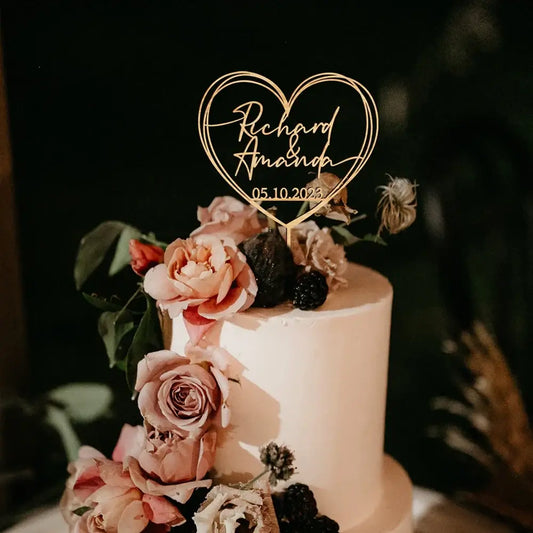 Personalized Custom Wedding Cake Topper with a Heart and Date