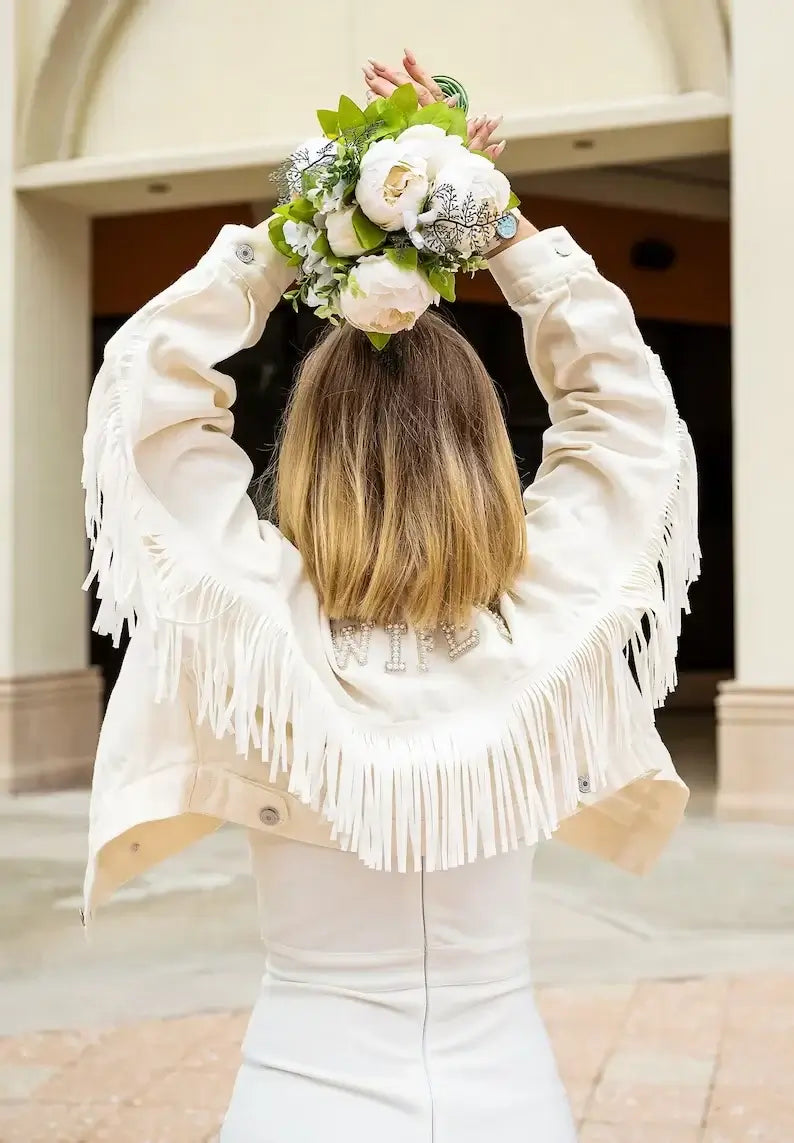 Personalized Pearl Embellished Bride To Be White Fringe Denim Wedding Jacket