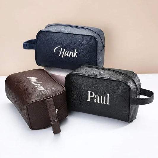 Men's Personalized Embroidered PU Leather Toiletry Bag