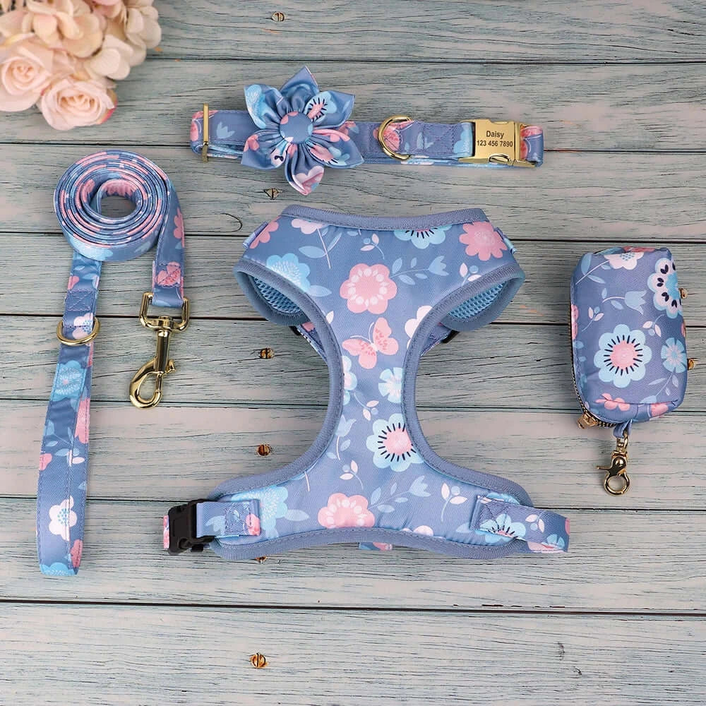 Personalized Pink or Blue Floral Daisy 4pc Dog Collar Harness Leash Set