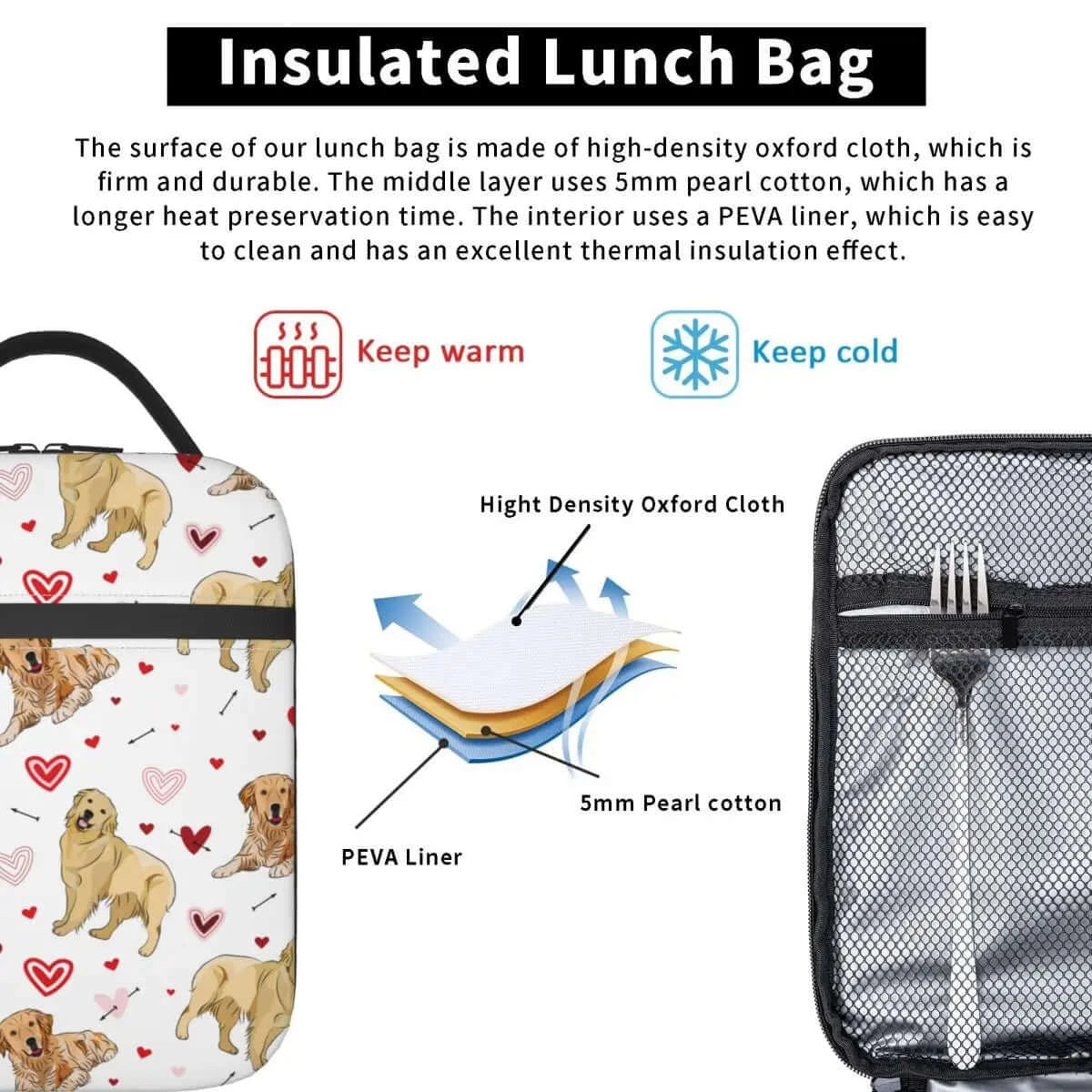 Insulated Golden Retriever Dog Love Doodles Hearts Lunch Bag