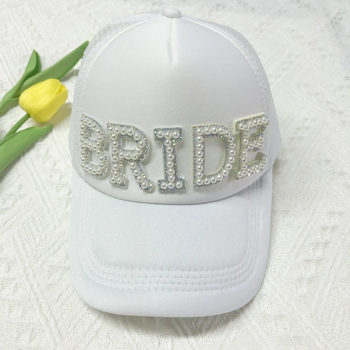 White BRIDE/MRS Faux Pearl Letters Baseball Cap