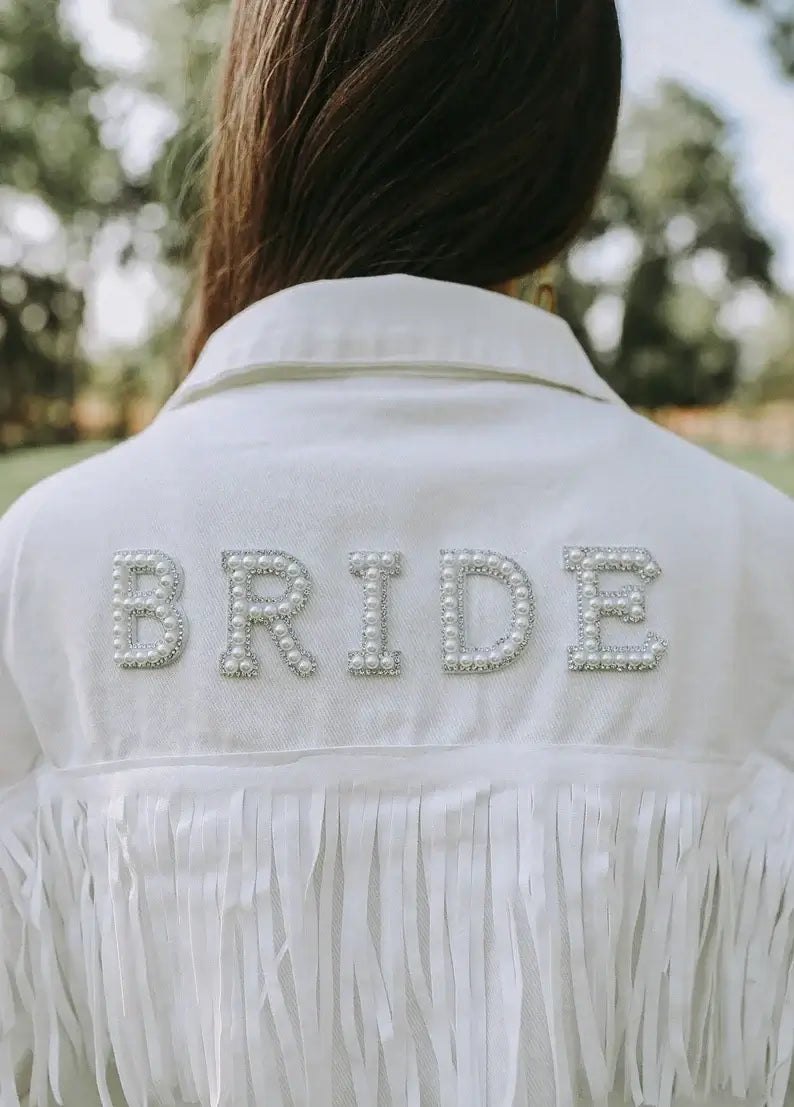 Personalized Pearl Embellished Bride To Be White Fringe Denim Wedding Jacket