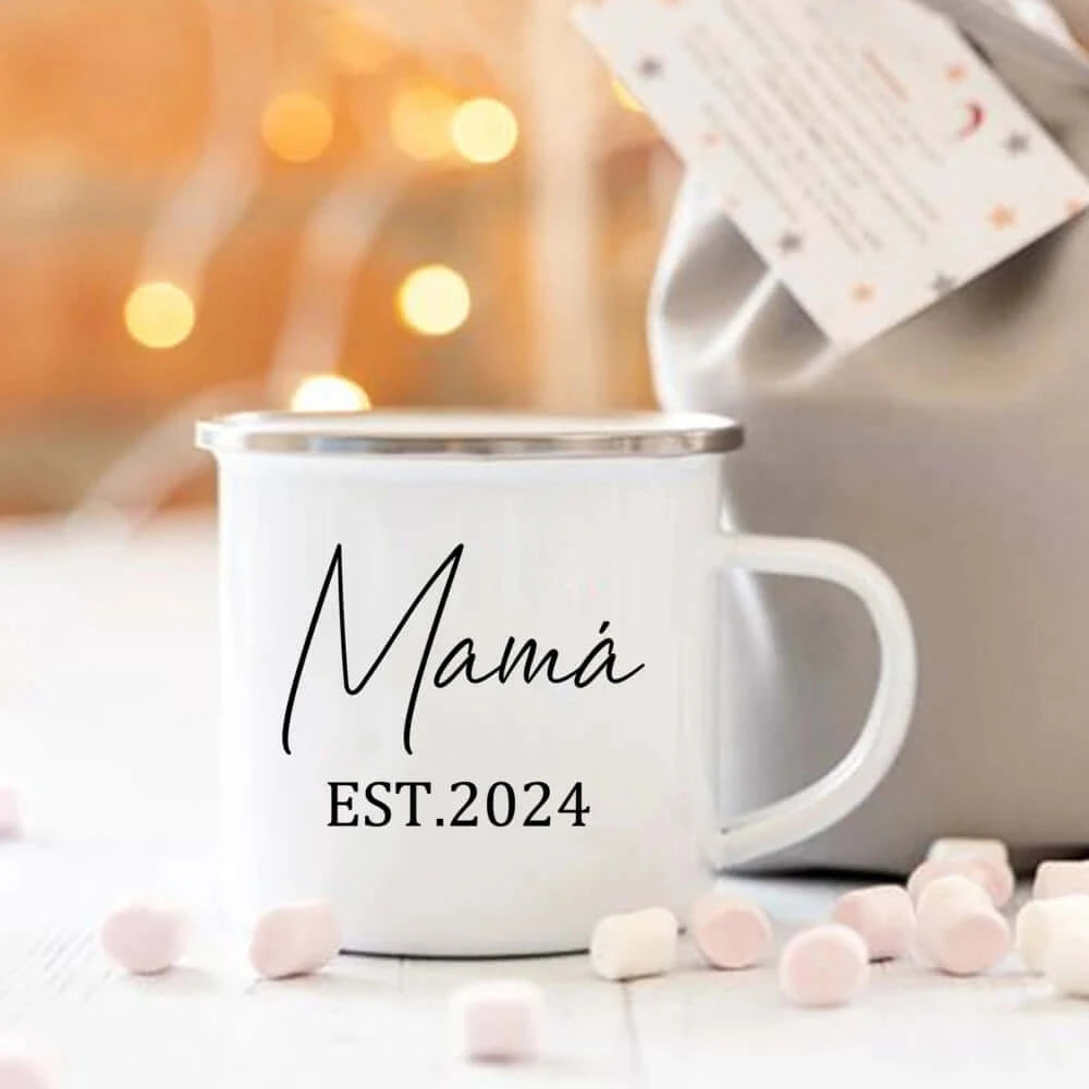 Birth Announcement Mom Dad Family Est 2024 Enamel Mugs 