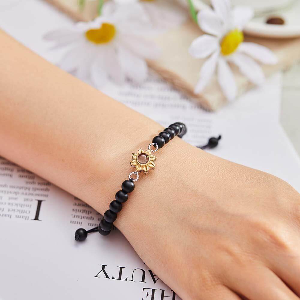 Personalized Adjustable Photo Projection Beaded Bracelet with Sunflower