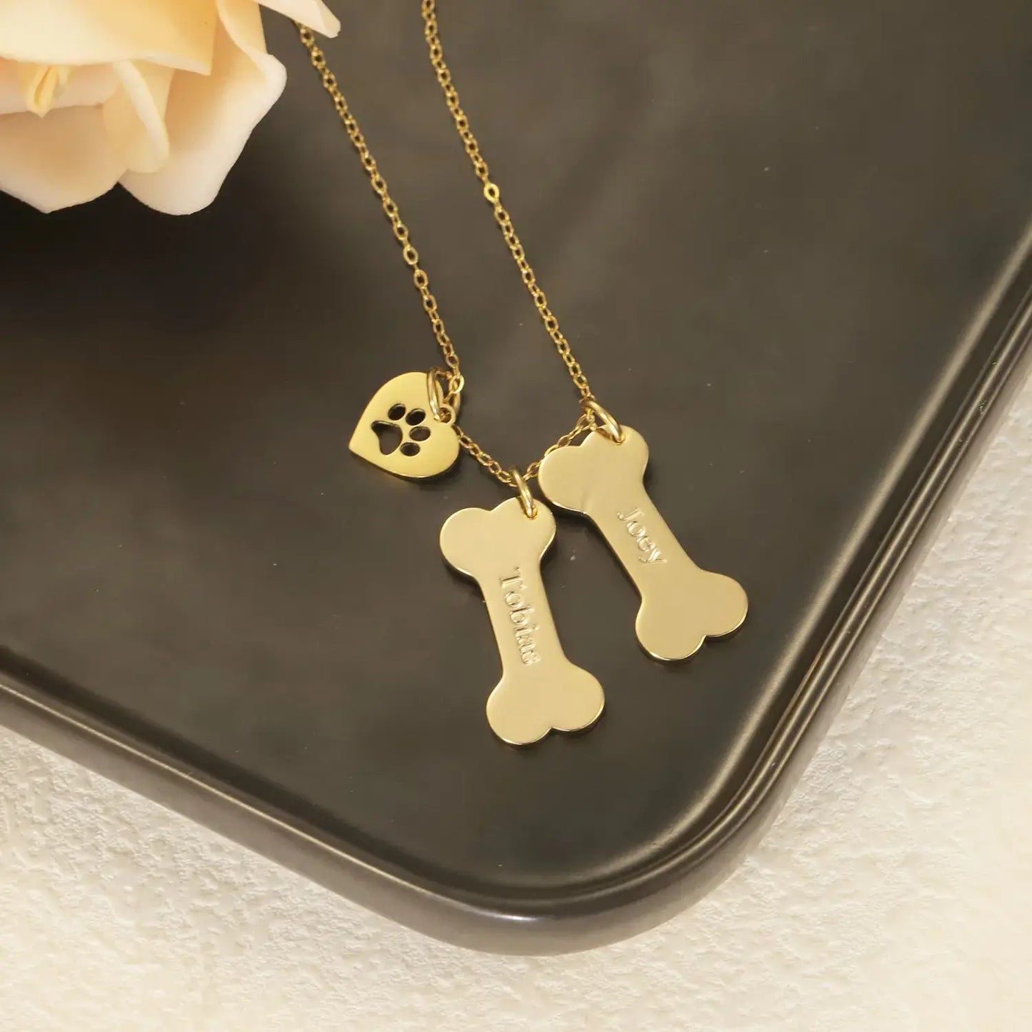 Personalized Stainless Steel Dog Name Bone and Paws Necklace