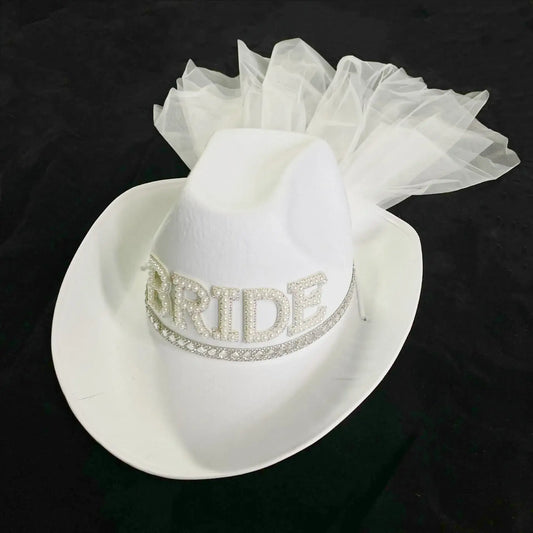 White Faux Pearl Bride Cowboy Hat with Tooling