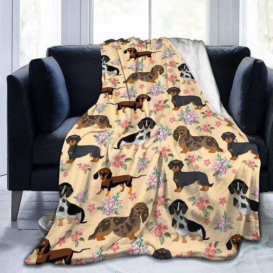 Dachshund Sausage Dogs Floral Flannel Throw Blanket