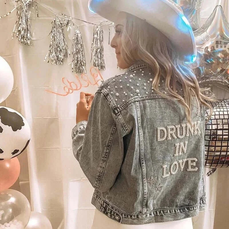 Women's "Drunk in Love" Pearl Embellished Denim Jacket-For Bride