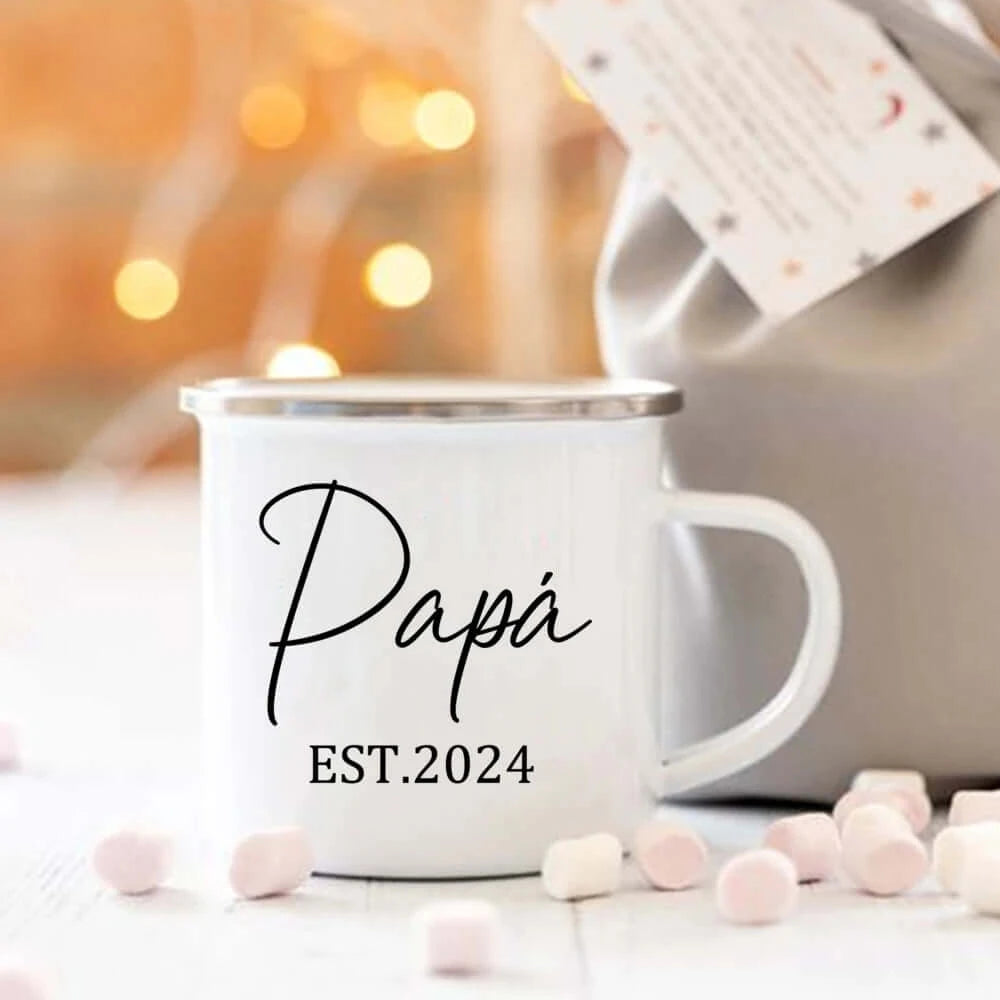 Birth Announcement Mom Dad Family Est 2024 Enamel Mugs 