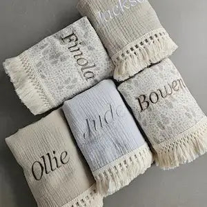 Personalized Embroidered Cotton Muslin Tassel Baby Swaddle Blanket