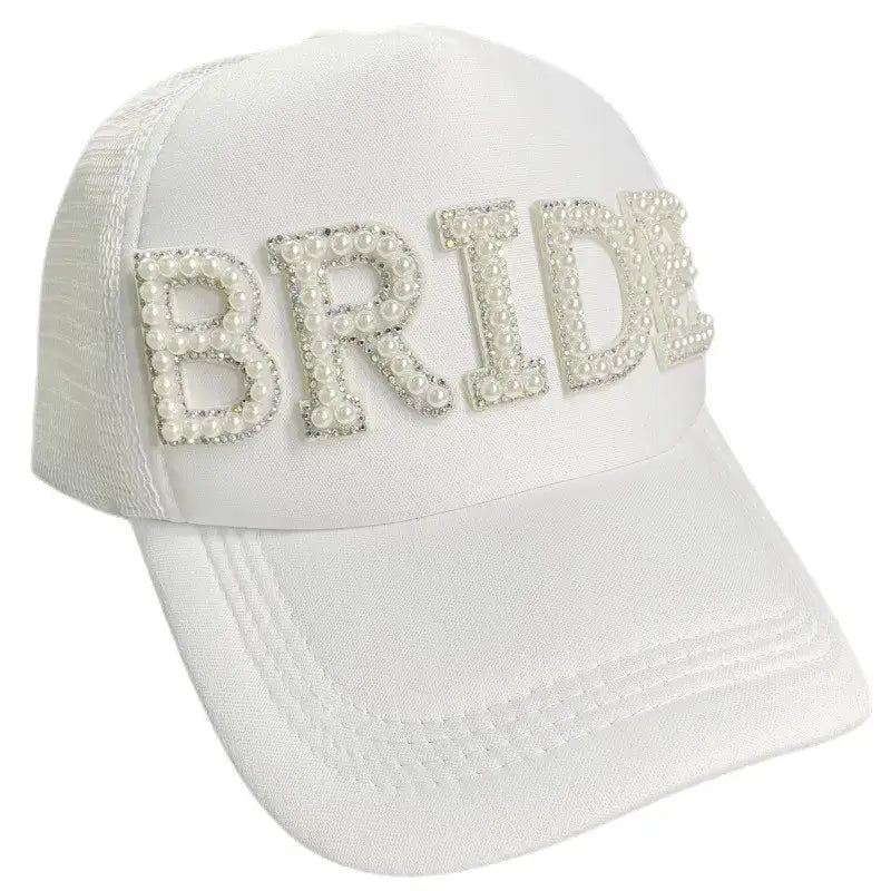 White BRIDE/MRS Faux Pearl Letters Baseball Cap