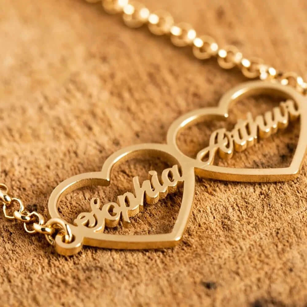 Women's Personalized Stainless Steel Double Name Heart Bracelet 